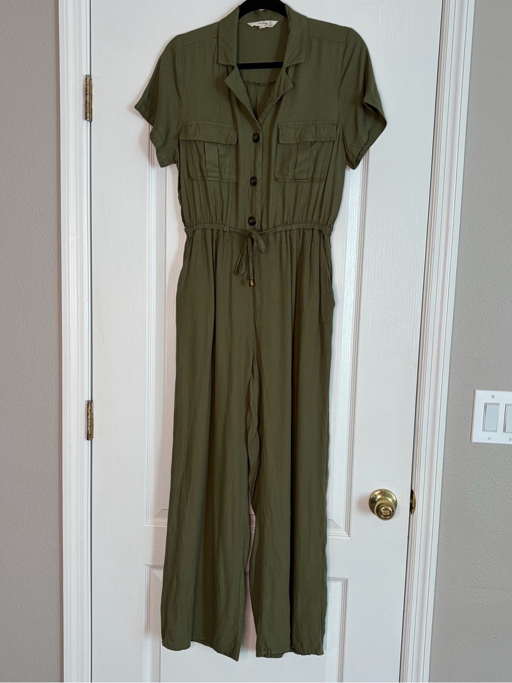 indulge Olive Utility Short-Sleeve Drawstring Jumpsuit